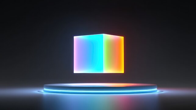 A glowing cube with a rainbow gradient on a black background, with a metallic platform in front of it.