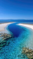 Obraz premium Aerial view of a heart-shaped tropical lagoon with crystal clear turquoise waters and vibrant coral reefs under a bright blue sky