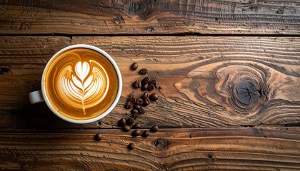 Overhead shot displays latte art in a white mug on a rustic wooden table with scattered coffee beans. The foam features a floral design