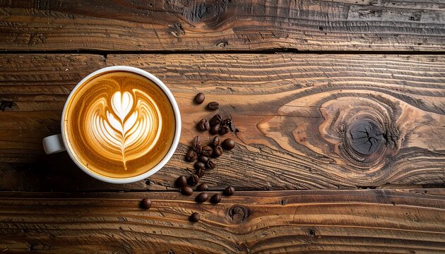 Overhead shot displays latte art in a white mug on a rustic wooden table with scattered coffee beans. The foam features a floral design
