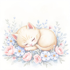 Fluffy white ragdoll kitten with blue eyes and domestic cat portrait surrounded by beautiful flowers