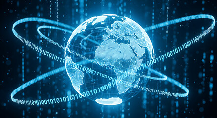 Glowing Earth at center, encircled by neon rings and cascading binary streams across space. auroras!