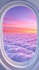 Obraz premium View Of Fluffy White Clouds Below An Airplane Window During A Vibrant Pink And Purple Sunset Sky
