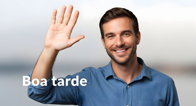 A cheerful man with a friendly smile and a blue shirt is waving his hand in a gesture of greeting or farewell against a blurred background