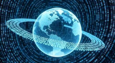 Blue Earth with luminous rings orbiting amid streaming binary code in a neon digital cosmos in cycle