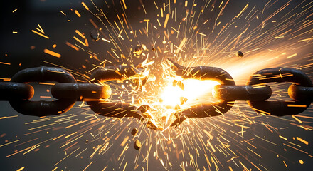 Heart-shaped chain shatters amid a blazing spark shower, molten fragments scatter outward with heat!