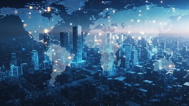 Futuristic city skyline with digital world map overlay - Powered by Adobe