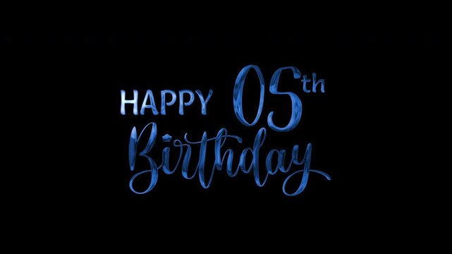 5th happy birthday text animation in blue metallic effect. suitable for birthday celebrations, social media posts, and greeting cards. Includes alpha channel for any background.