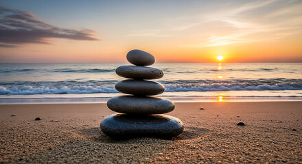 Balanced stack of smooth stones on sandy beach at sunset, calm sea reflecting warm light under dusk