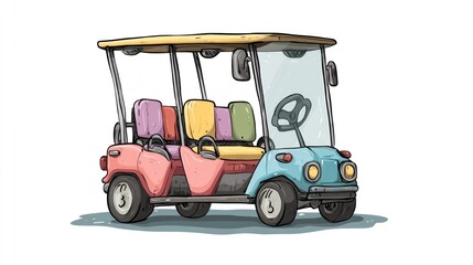 Obraz premium A colorful cartoon golf cart with pink and blue seats, driving down a road with a white background.