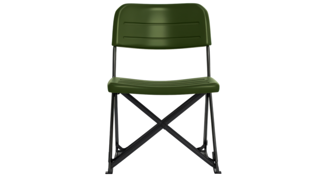Green folding chair with black metal legs isolated on white