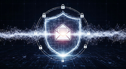 Futuristic shield encloses an envelope icon, radiating digital waves and lock motifs for privacy!!!
