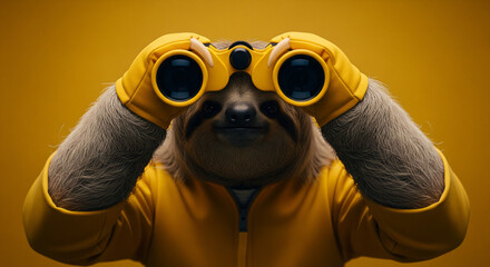Fototapeta premium Curious sloth in yellow suit and gloves peering through yellow binoculars.