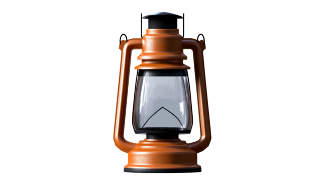 Orange kerosene lantern with glass globe and carrying handle