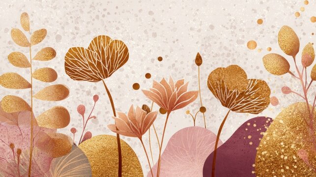 Abstract floral background with gold and pink elements, featuring a mix of leaves, flowers, and geometric shapes. - Powered by Adobe