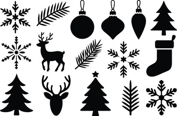 ]Christmas, holiday, festive, winter, silhouette, icon, tree, snowflake, ornament, stocking, reindeer, pine branch, decoration, celebration, seasonal, nature, symbol, design, art, evergreen