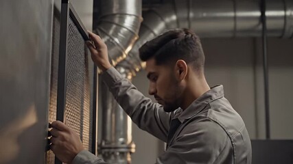 Man in Gray Workwear Carefully Adjusting Industrial Artwork on Metal Wall with Large Exposed Pipes Overhead in a Well Lit Workshop - Powered by Adobe