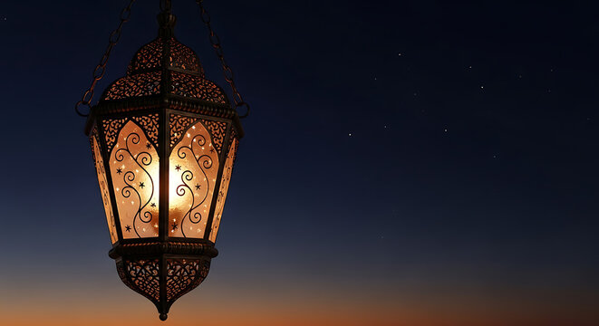 Ornate hanging lantern glows warmly against a twilight sky chain links, intricate metalwork, stars