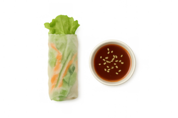 Fresh summer roll with vibrant vegetables and dipping sauce, enjoying healthy vietnamese cuisine