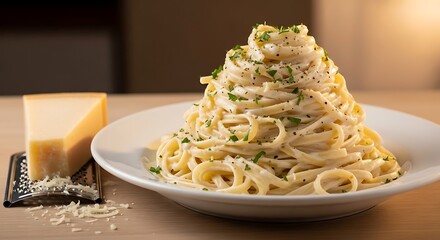 Illustration of creamy fettuccine alfredo pasta dish with grated parmesan cheese