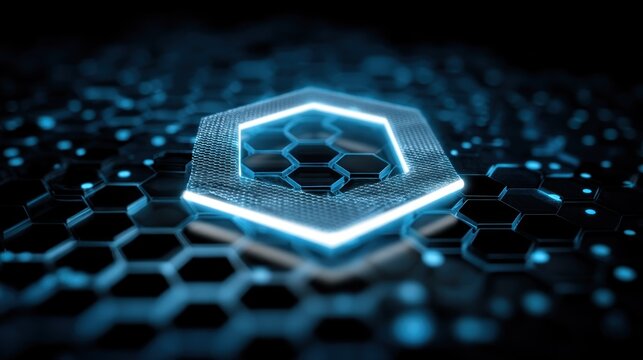 A glowing hexagonal symbol with a circular pattern in the center, set against a dark, hexagonal background with a blue glow.