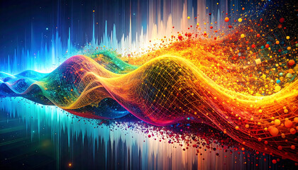 Obraz premium Abstract Technology Colorful Firefly Particle Mesh, Distorted Light, Multicolor Texture Background for Creative Designs