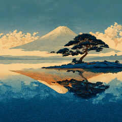 Tranquil Mount Fuji Landscape with Pine Tree Reflection in Lake