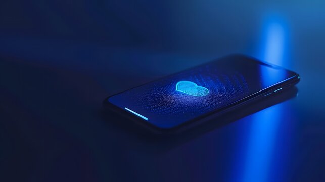 A smartphone glowing softly in blue light, displaying a heart symbol on the screen - representing digital empathy, mental health awareness, and emotional connection through technology.