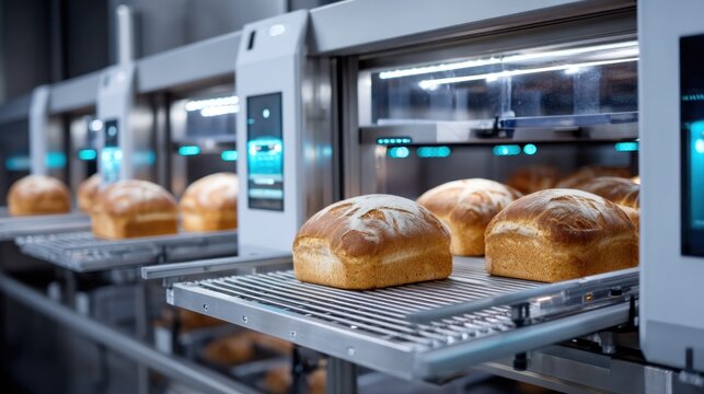 Baked loaves of bread on a conveyor belt in a modern bakery, with digital displays showing the baking process.