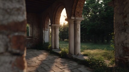 Sunlight streams through the arches of an abandoned ancient stone and brick structure