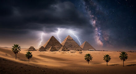 Desert dunes cradle pyramids beneath stormy, starry skies with lightning and wind, palm trees. dusk