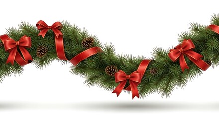 Evergreen garland with pine cones and red ribbons on white backdrop