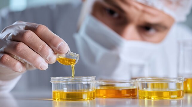 A scientist in a lab coat and protective gear is examining a yellow liquid in a small glass vial, with a petri dish containing more of the same liquid in the foreground.
