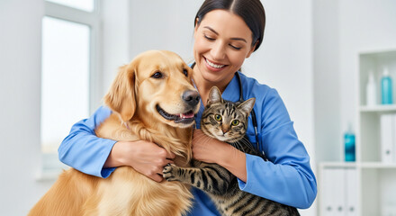 Friendly veterinarian smiles while cuddling a happy dog and curious cat.