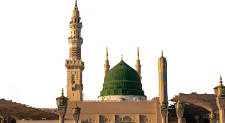 Majestic mosque with green dome and tall minaret during golden hour sunset isolated on transparent background