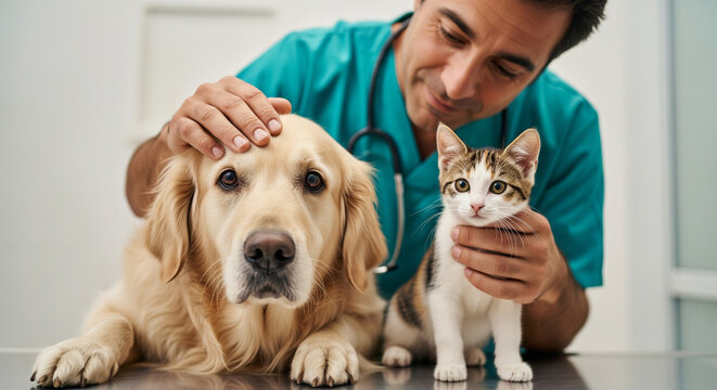 Smiling veterinarian gently pets a golden retriever and holds a tabby kitten. - Powered by Adobe