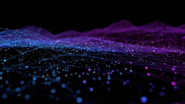 A digital wave with a gradient of blue and purple, featuring a network of connected dots and lines, set against a black background.