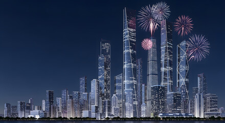 Tall futuristic towers under fireworks at New Year celebration