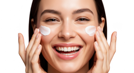 Happy young woman applying skincare cream on face with fresh and glowing skin expression isolated on transparent background