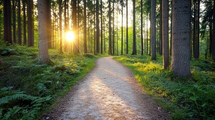 Obraz premium A serene forest path illuminated by sunlight, surrounded by tall trees and lush greenery, inviting tranquility and exploration.
