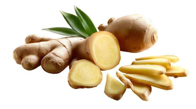 Fresh ginger root sliced with green leaves on white