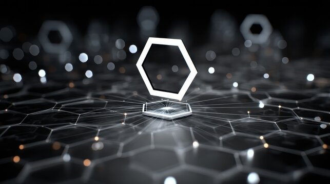 A white hexagonal shape with a black background, surrounded by a network of interconnected hexagons and dots.