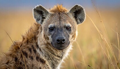 Close-up portrait of a spotted hyena in its natural habitat.