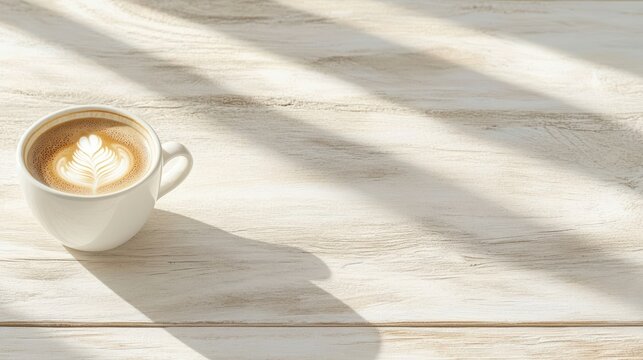A latte art coffee cup sits on a wooden table, bathed in soft light, creating an inviting and serene atmosphere.