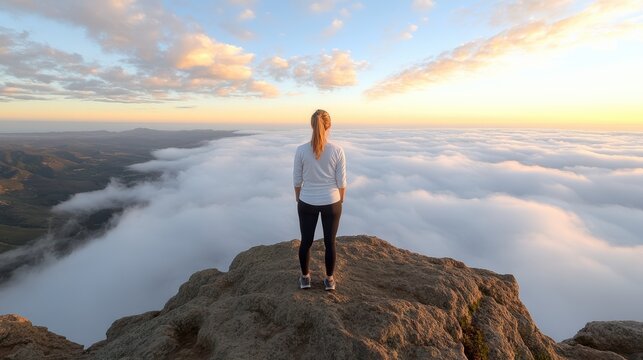 A person stands on a rocky ledge, gazing out over a sea of clouds during a vibrant sunset, embodying tranquility and adventure in nature.