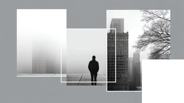 A man standing on a rooftop with a cityscape in the background, surrounded by fog and trees, with a black and white filter effect.