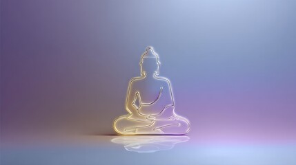 A neon Buddha statue illuminated in yellow and blue against a gradient background, with a purple and blue gradient background.