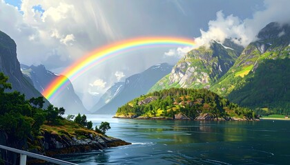 Stunning scenic view of a rainbow over a lake between mountains and nature