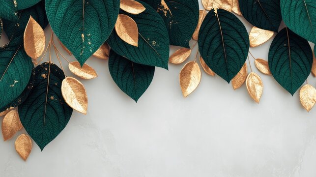 A decorative border of green and gold leaves on a white background, with a light gray stone wall in the background.
