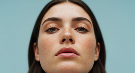 Close-up portrait of a natural woman with freckles and direct gaze on blue background